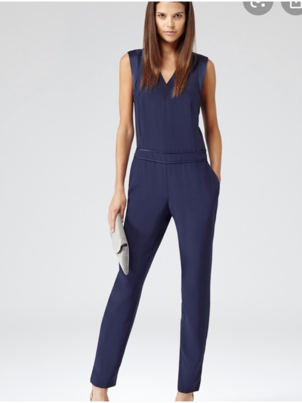 Reiss Roana Satin trim navy blue jumpsuit size 2